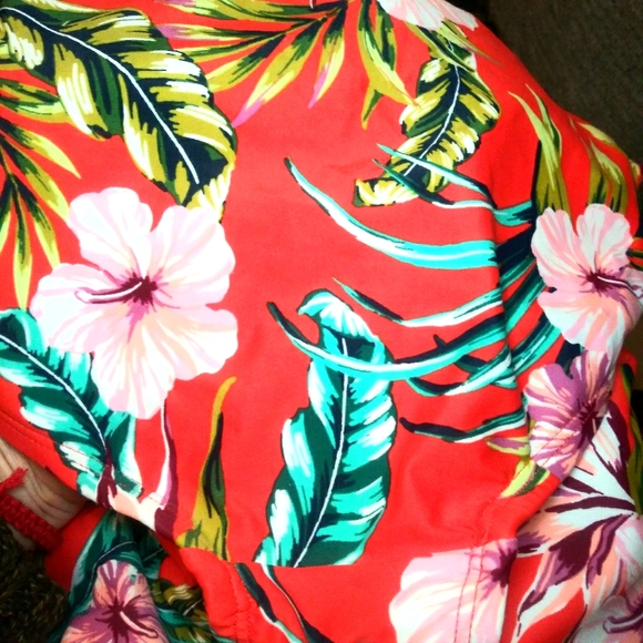 Kona Sol Coral & Multi Floral Hawaiian Print One Piece Ladder Back Swimsuit - Picture 8 of 13